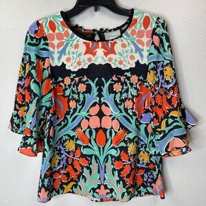 Maeve Silk Top Womens 0 Black Floral Bell Sleeve Ruffle Folkart Print 3/4 Sleeve